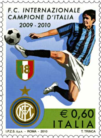Il diciottesimo francobollo del campionato di serie A: scudetto all'Inter