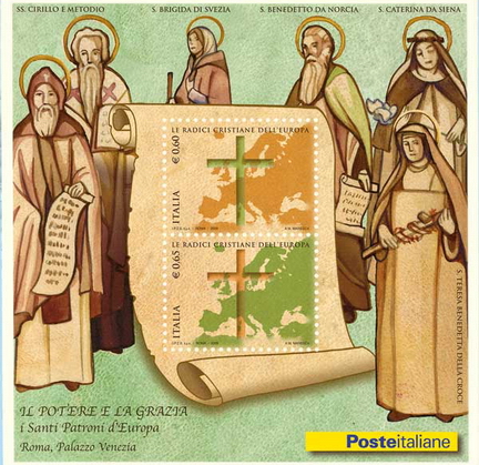 I francobolli emessi dalle poste italiane per i santi patroni d'Europa