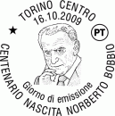 Le immagini del francobollo e dell'annullo per Norberto Bobbio