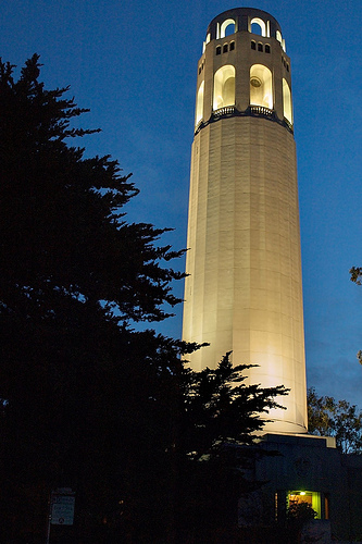 La Coit Tower illuminata nella notte